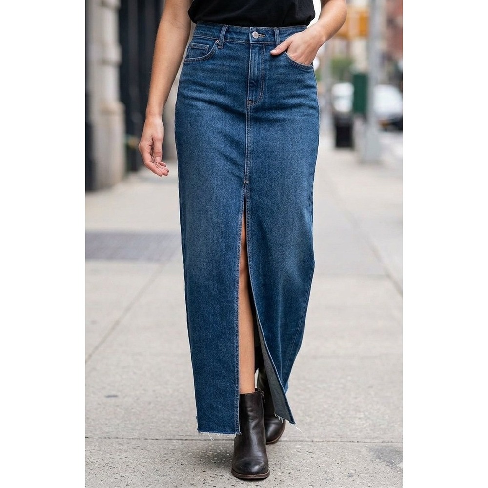 PAIGE Angela Maxi Skirt Women 26 Blue Vintage Denim High Rise Front Slit NEW NWT